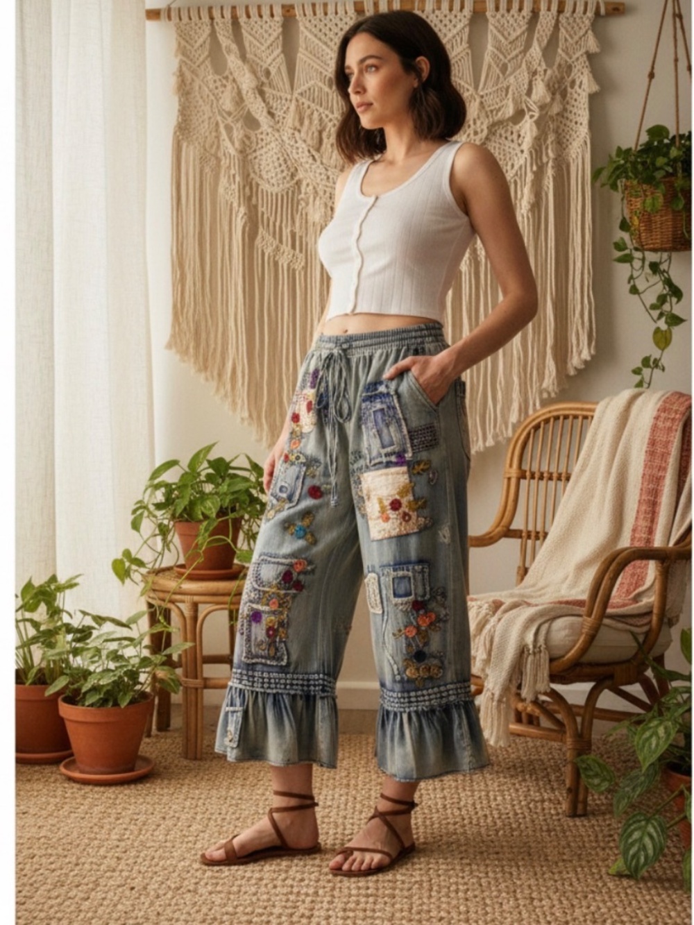 Bluevelvet Mineral Wash Stretch Waist Embroidered Ruffle Hem Cropped Denim pants - Picture 9 of 9